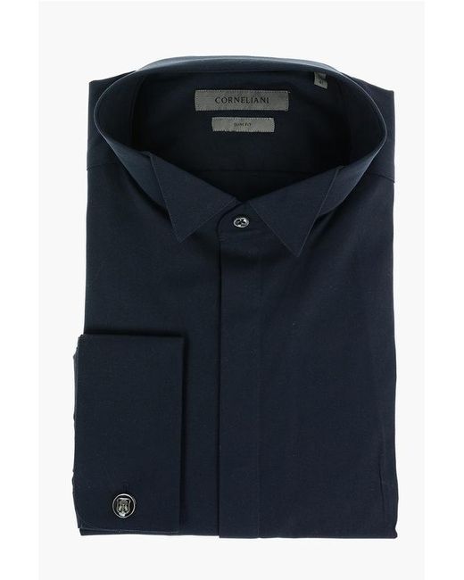 Corneliani Blue Hidden Closure Cerimonia Wing Collar Shirt for men