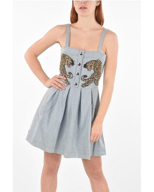 Philipp Plein Blue Couture Denim Dress It's Fine Love Pleated Details With Stra