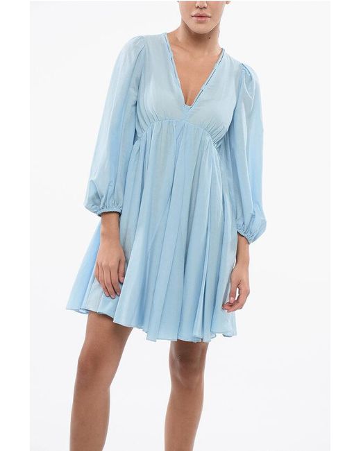 Pinko Blue V-Neck Cotton And Silk Beowulf Dress With 2 Pockets