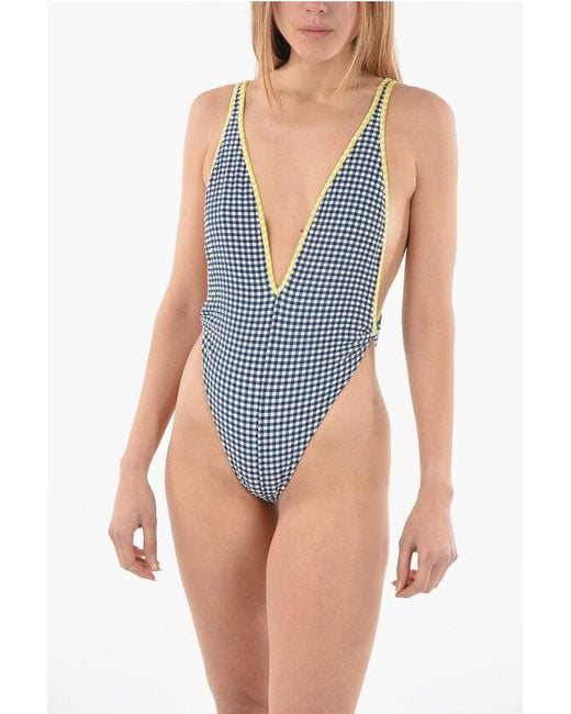 DIESEL Blue Checked Bfsw-Tessah One Piece Swimsuit With Deep V-Neck