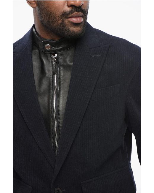 DSquared² Blue Pinstriped Blazer With Leather Chest Piece for men