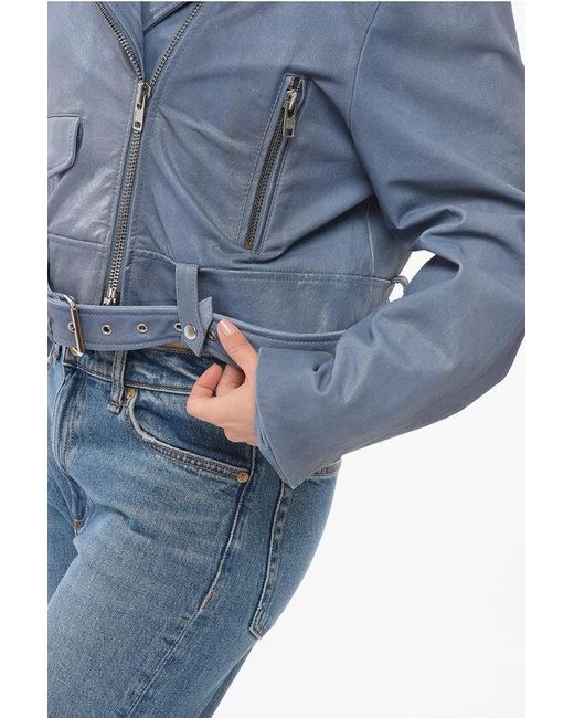 S.w.o.r.d 6.6.44 Blue Cropped Coated Leather Biker Jacket