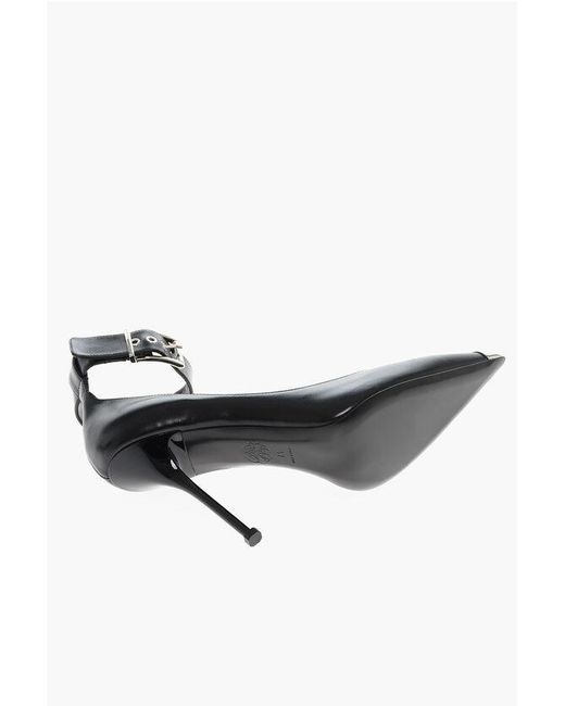 Alexander McQueen Black Ankle Strap Leather Pumps With Shiny Stiletto Heel 11Cm