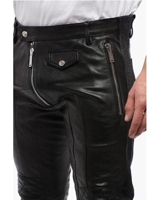 DSquared² Black Leather Biker Pants With Zipped Detailing for men