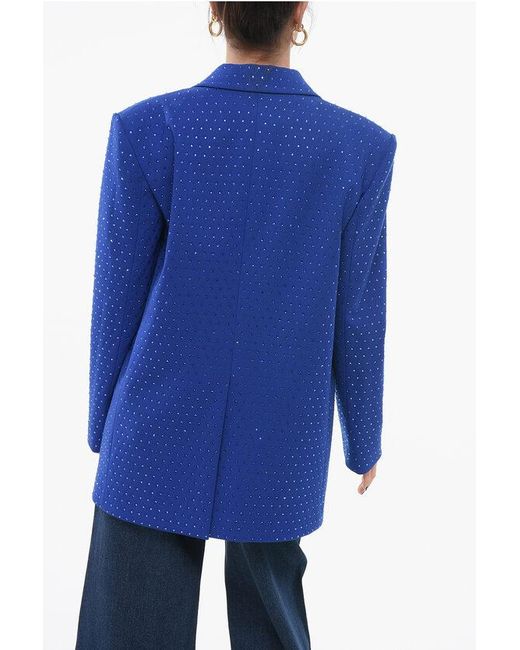 ANDAMANE Blue Single-Breasted Blazer With Allover Rhinestones