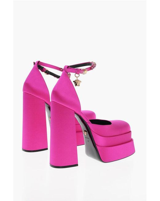 Versace Pink Jewel Strap Satin Platform Pumps 17Cm