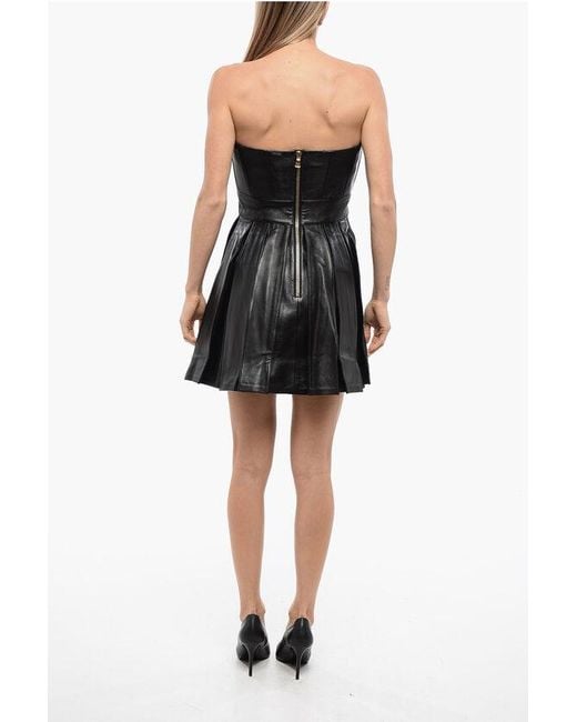 Balmain Black Leather Bustier Dress With Pleated Skirt