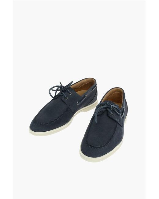Corneliani Blue Suede Leather Boat Shoes With Rubber Soles for men