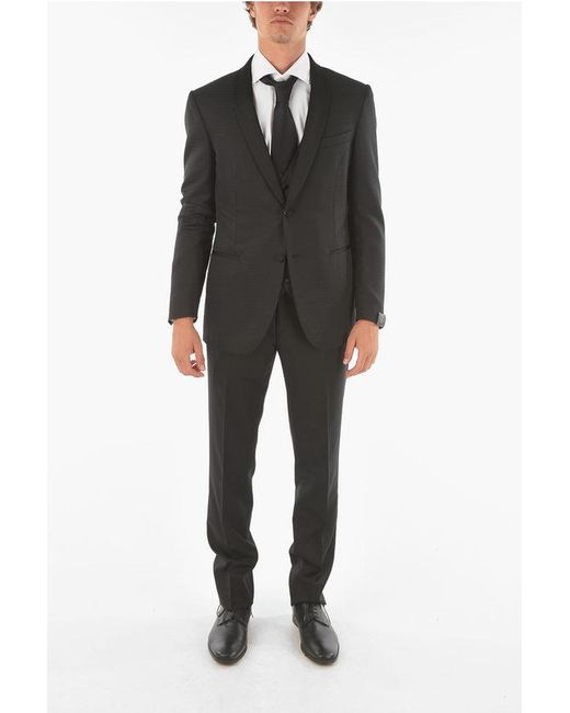 Corneliani Black Center Vent Shawl Lapel Cerim.Academy 3 Piece Waistcoat Suit for men