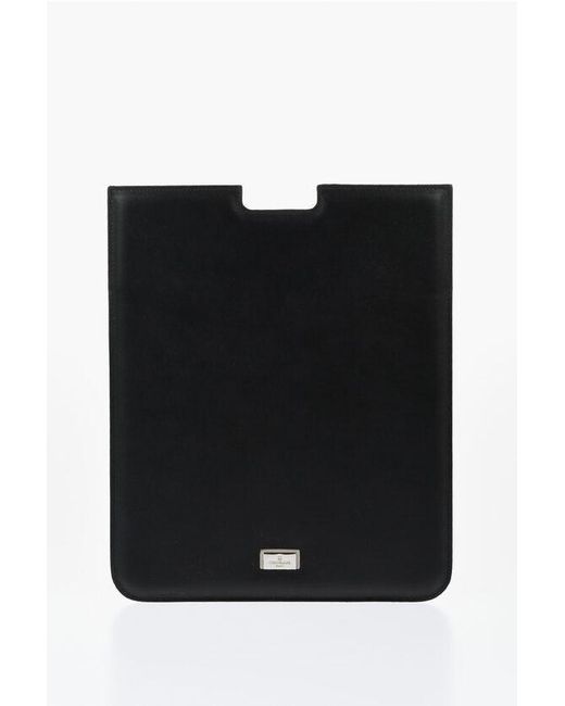Corneliani Black Solid Color Leather Tablet Holder With-Tone Logo for men