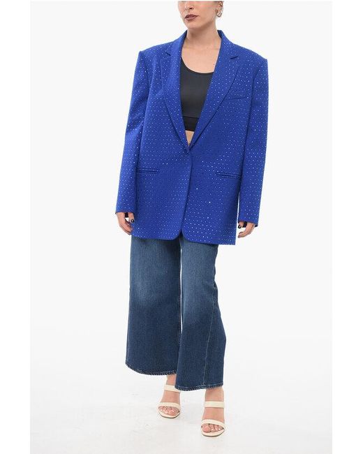 ANDAMANE Blue Single-Breasted Blazer With Allover Rhinestones