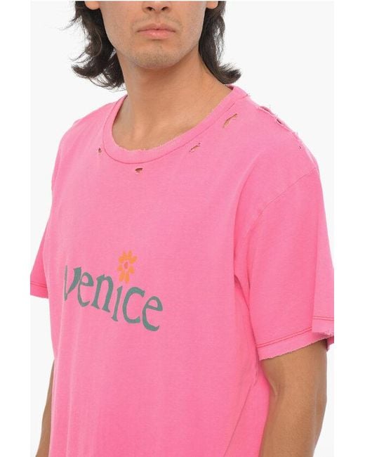 ERL Pink Vintage Effect Cotton And Linen Venice Be Nice Crew-Neck T-S for men