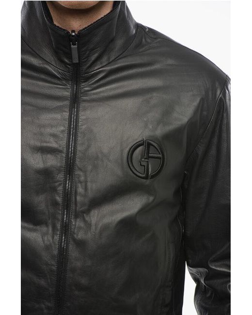 Armani Black Giorgio Reversible Leather Jacket With Embroidered Logo for men