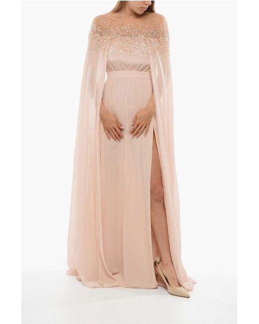 Elisabetta Franchi Natural Carpet Chiffon Dress With Sequines And Mantle Sleeves