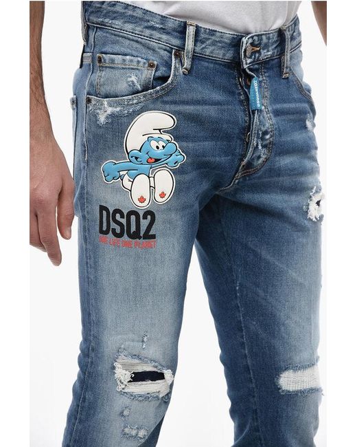 DSquared² Blue One Life One Planet Distressed The Smurfs Denims With Patche for men