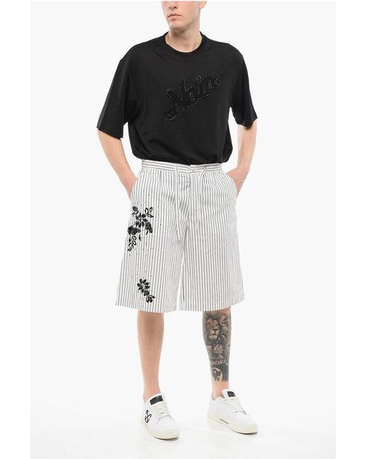 Dolce & Gabbana Gray Pinstriped Cotton Shorts With Sequined Embroideries for men