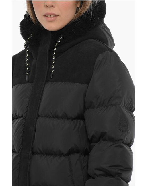 Ugg Black Quilted Shasta Down Jacket With Nabuk Insert And Real Fur De