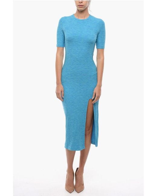 Samsøe & Samsøe Blue Shorts Sleeve Hilde Bodycon Maxi Dress With Slit Frontal