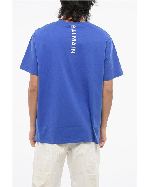 Balmain Blue Solid Color Bulky Fit T-Shirt With Printed Logo for men