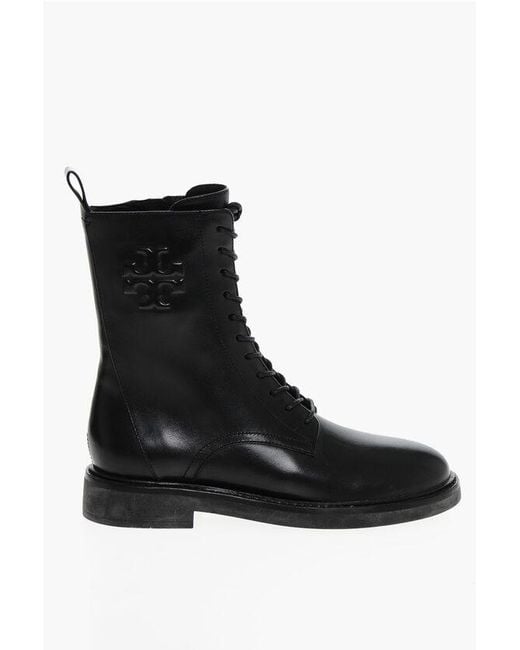 Tory Burch Black Leather Double-T Combat Booties With Inner Zip