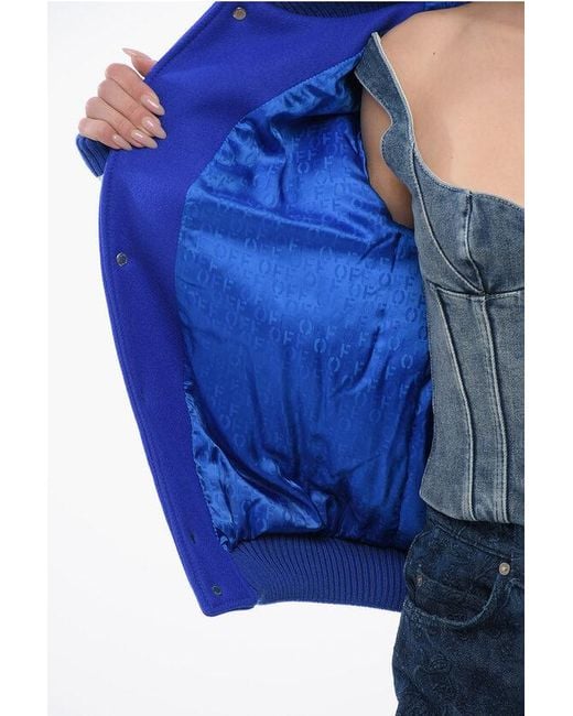 Off-White c/o Virgil Abloh Blue Padded Royal Bomber Jacket With Leather Sleeves And All-Over