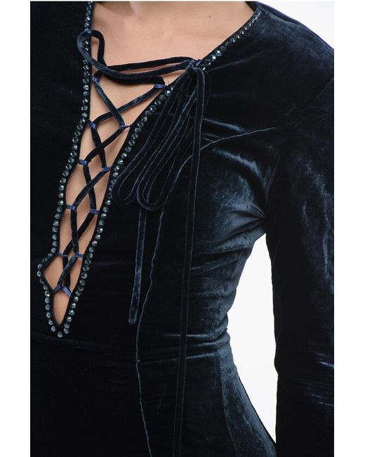 Philipp Plein Black Couture Velour Dress Elegant With Lace-Up Detail