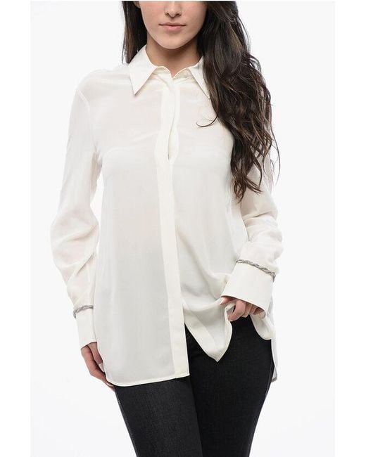 Max Mara White Silk Celebre Blouse With Rhinestones On The Sleeve