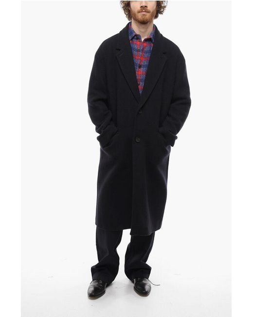 Hevò Blue Wool And Nylon Noci Single- Breasted Coat With Flap Pockets for men