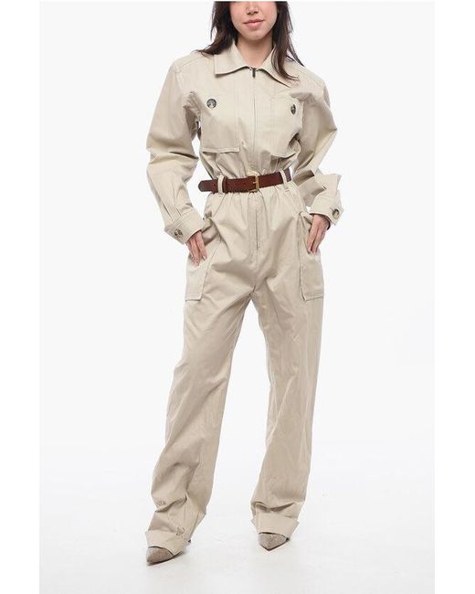 Saint Laurent Natural Cotton Twill Jumpsuit With Leather Belt
