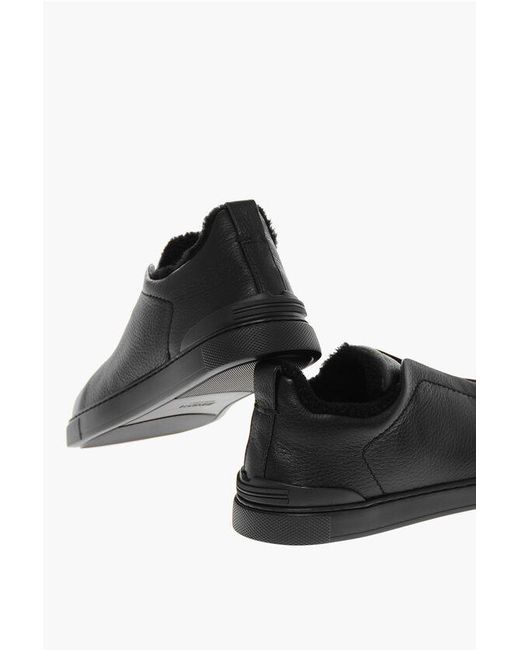 Zegna Black Textured Leather Triple Stitch Low-Top Sneakers With Faux Fu for men