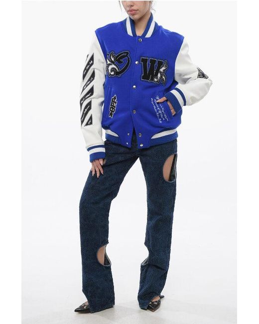 Off-White c/o Virgil Abloh Blue Padded Royal Bomber Jacket With Leather Sleeves And All-Over