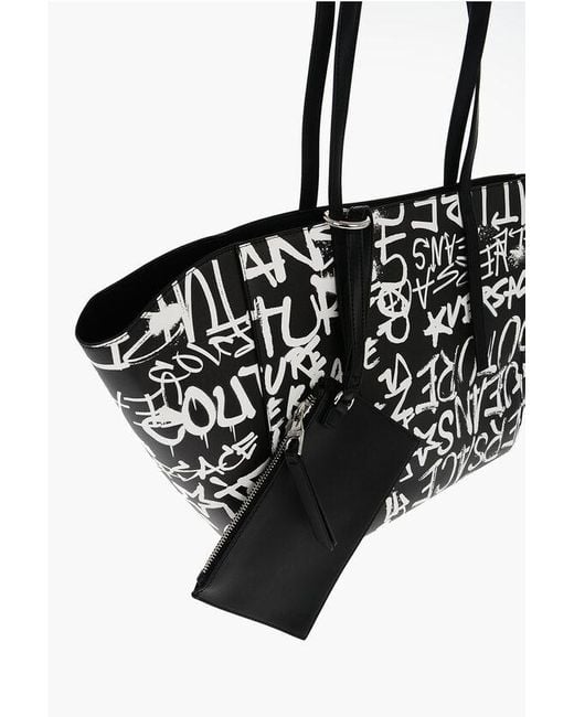 Versace Black Jeans Couture Printed Faux Leather Tote Bag With Matched Pou Size Unic