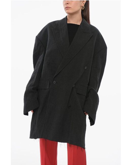 Balenciaga Black Double-Breasted Linen Coat With Raw-Cut Hem