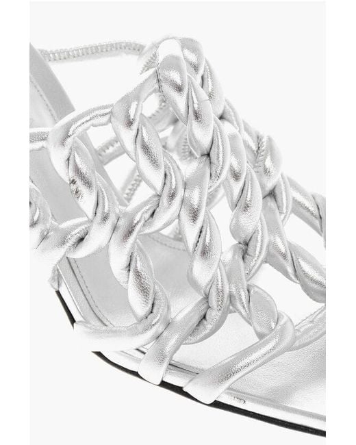 Bottega Veneta White Lamé Woven Leather Sandals With 10Cm Spool Heel