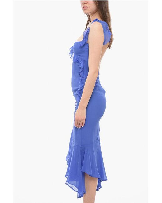 ANDAMANE Blue Silk Asymmetric Dress With Ruffled Detail