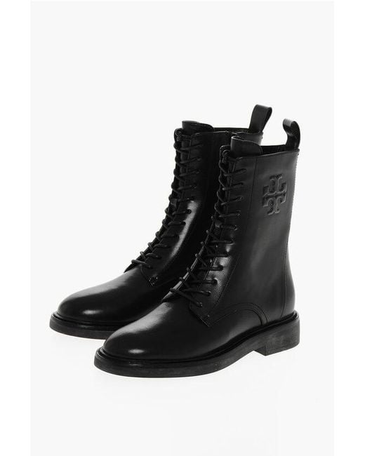 Tory Burch Black Leather Double-T Combat Booties With Inner Zip