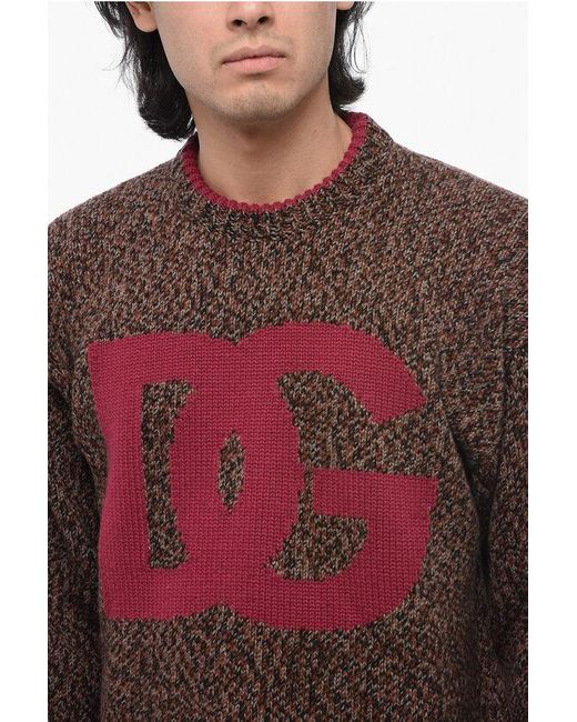 Dolce & Gabbana Red Crew Neck Wool Blend Pullover With Jacquard Logo for men