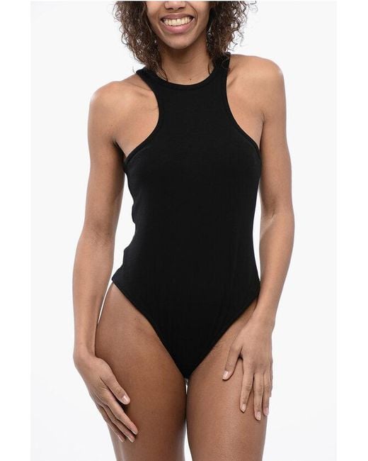 AllSaints Black Solid Color Ribbed Norma Bodysuit With Racer Neckline