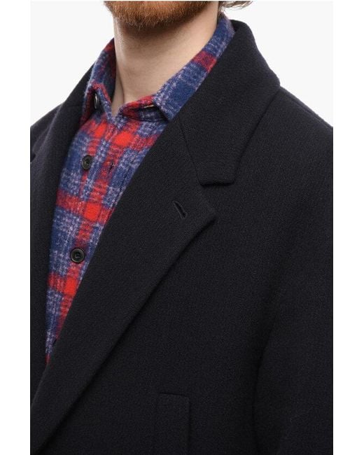 Hevò Blue Wool And Nylon Noci Single- Breasted Coat With Flap Pockets for men