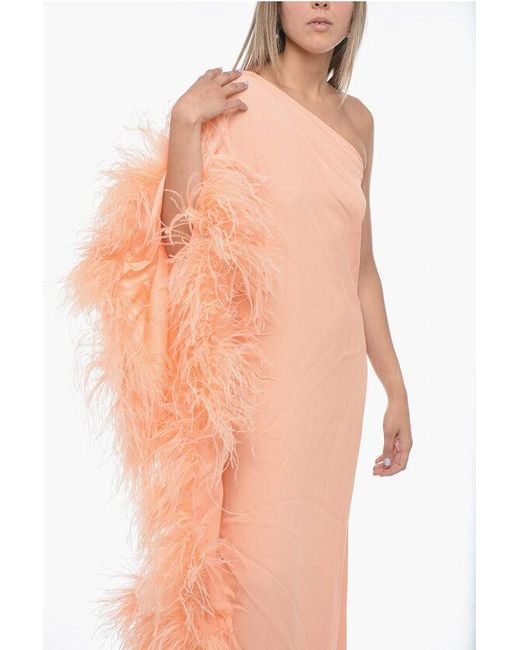 ‎Taller Marmo Pink Crepe Ubud One-Shoulder Dress With Ostrich Feathers