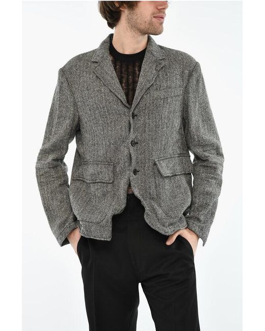 DSquared² Gray Herringbone Wool 3 Buttons Blazer With Faux Leather Patch for men