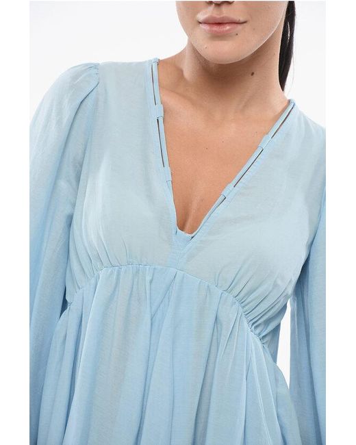 Pinko Blue V-Neck Cotton And Silk Beowulf Dress With 2 Pockets