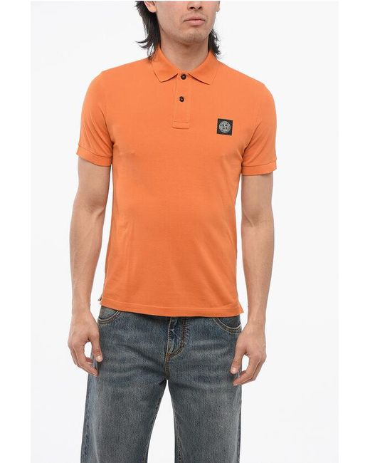 Stone Island Orange Stretch Cotton Polo With Logo Patch for men
