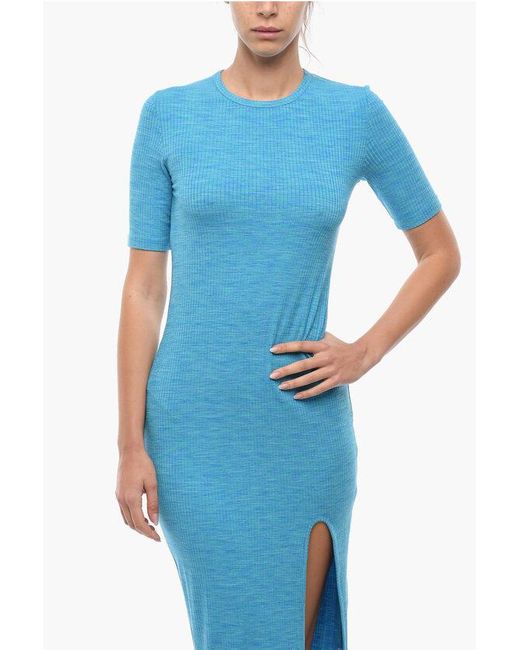 Samsøe & Samsøe Blue Shorts Sleeve Hilde Bodycon Maxi Dress With Slit Frontal