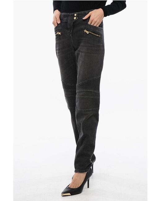 Balmain Black Biker Denims With Zipped Detailing