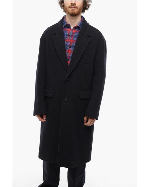 Hevò Blue Wool And Nylon Noci Single- Breasted Coat With Flap Pockets for men