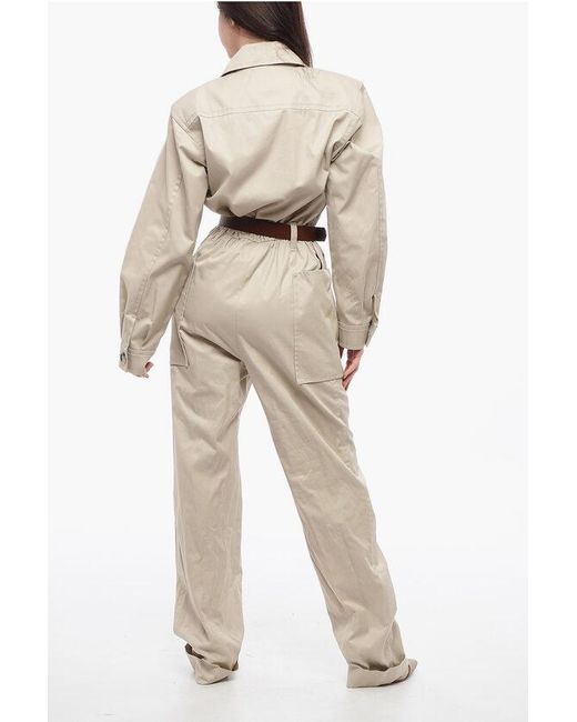 Saint Laurent Natural Cotton Twill Jumpsuit With Leather Belt