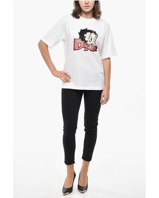 DSquared² White Crew Neck Betty Boop T-Shirt With Sequined Embroidery