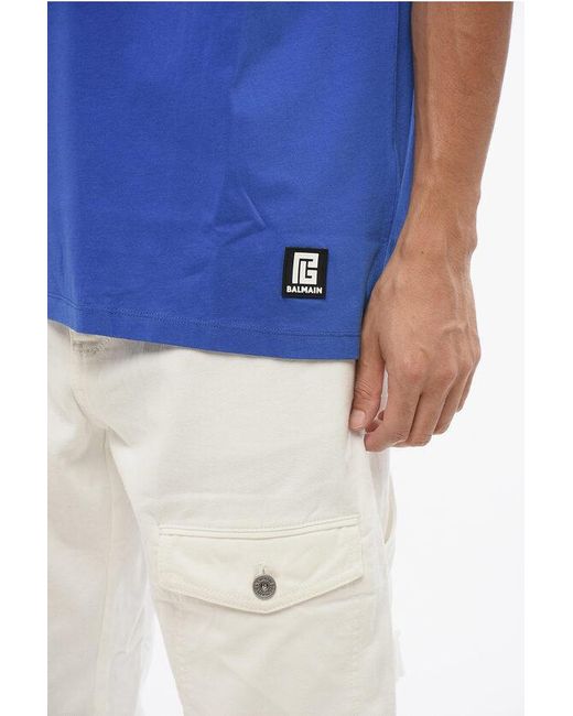 Balmain Blue Solid Color Bulky Fit T-Shirt With Printed Logo for men