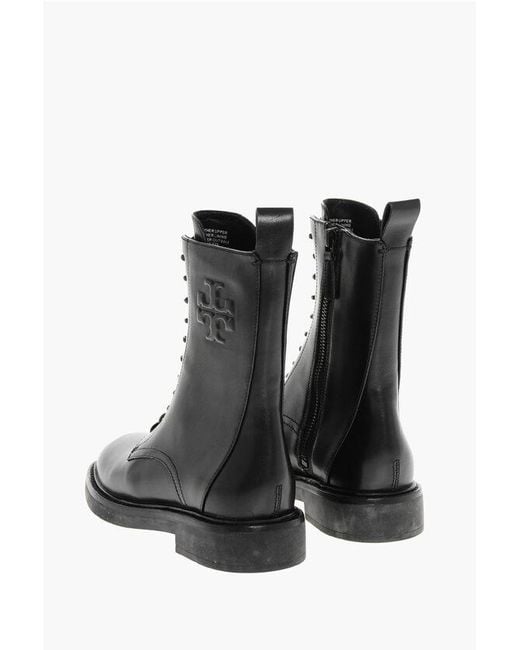 Tory Burch Black Leather Double-T Combat Booties With Inner Zip